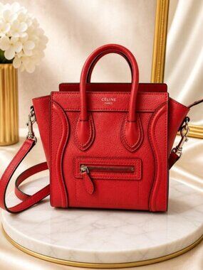 Authentic Celine Nano Luggage Tote Red Leather Shoulder Bag Top Handle Bag